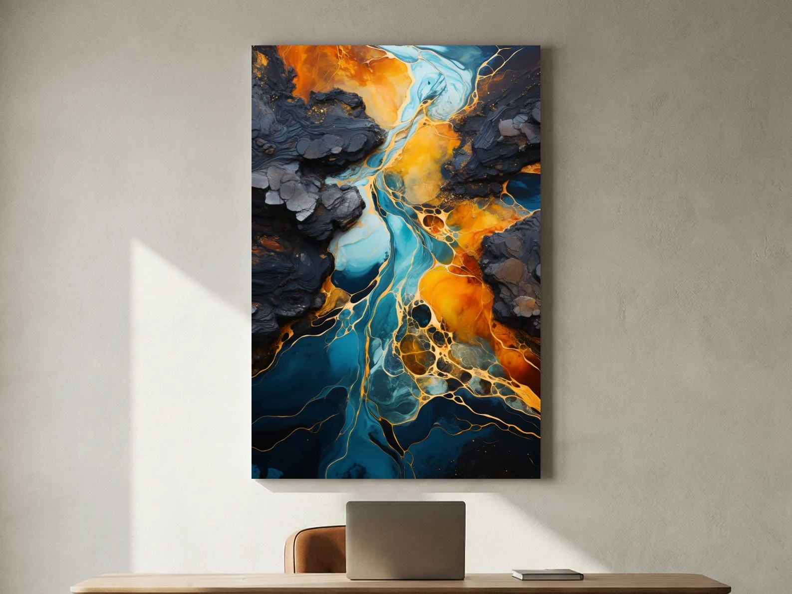Elegant Gold And Teal Abstract Flowinf River - Alcohol Ink Style Wall Art