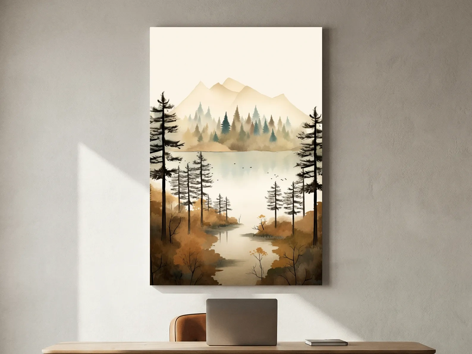 Misty Watercolor Mountain Lake Forest - Serene Alpine Wall Art