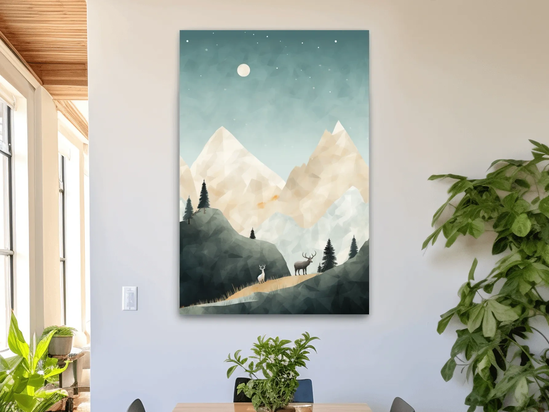 Mountain Deer Landscape Illustration - Minimalist Alpine Forest Wildlife Wall Art