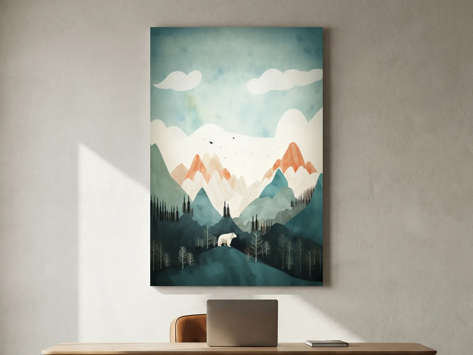 Whimsical Bear Alpine Mountain Landscape - Childrens Nursery Wall Art