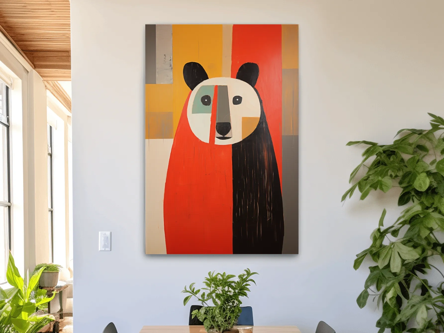 Bold Geometric Bear Portrait Painting - Quirky Abstract Animal Wall Art