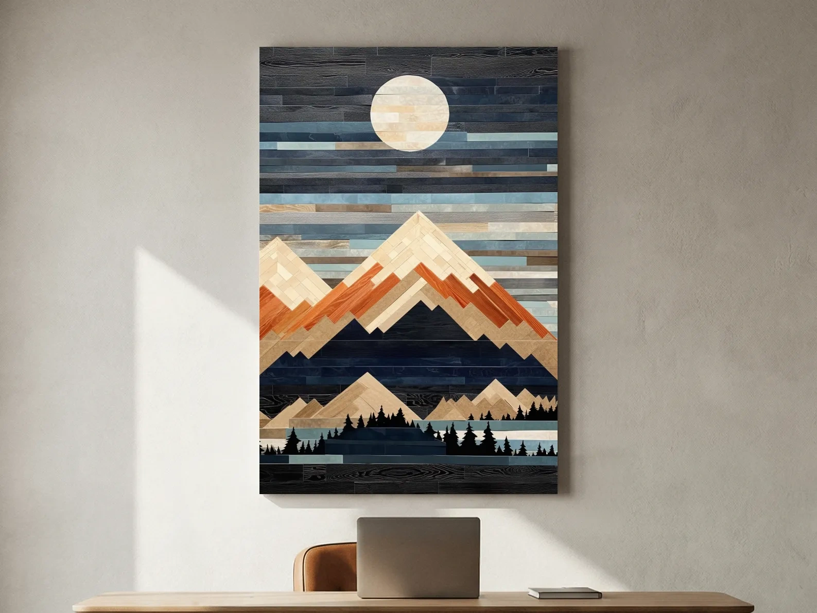 Geometric Wood Mosaic Mountain Range Under Full Moon - Modern Rustic Landscape Wall Art