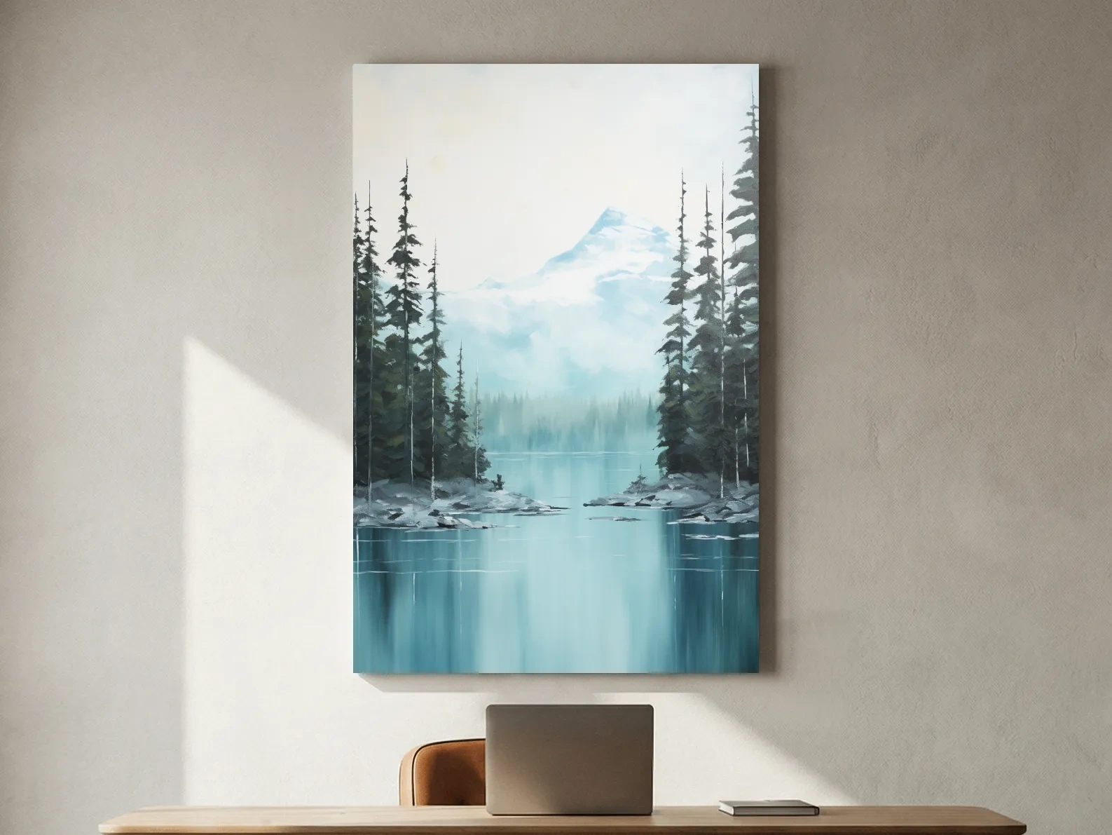 Turquoise Alpine Lake & Pine Forest Watercolor - Serene Mountain Landscape Wall Art