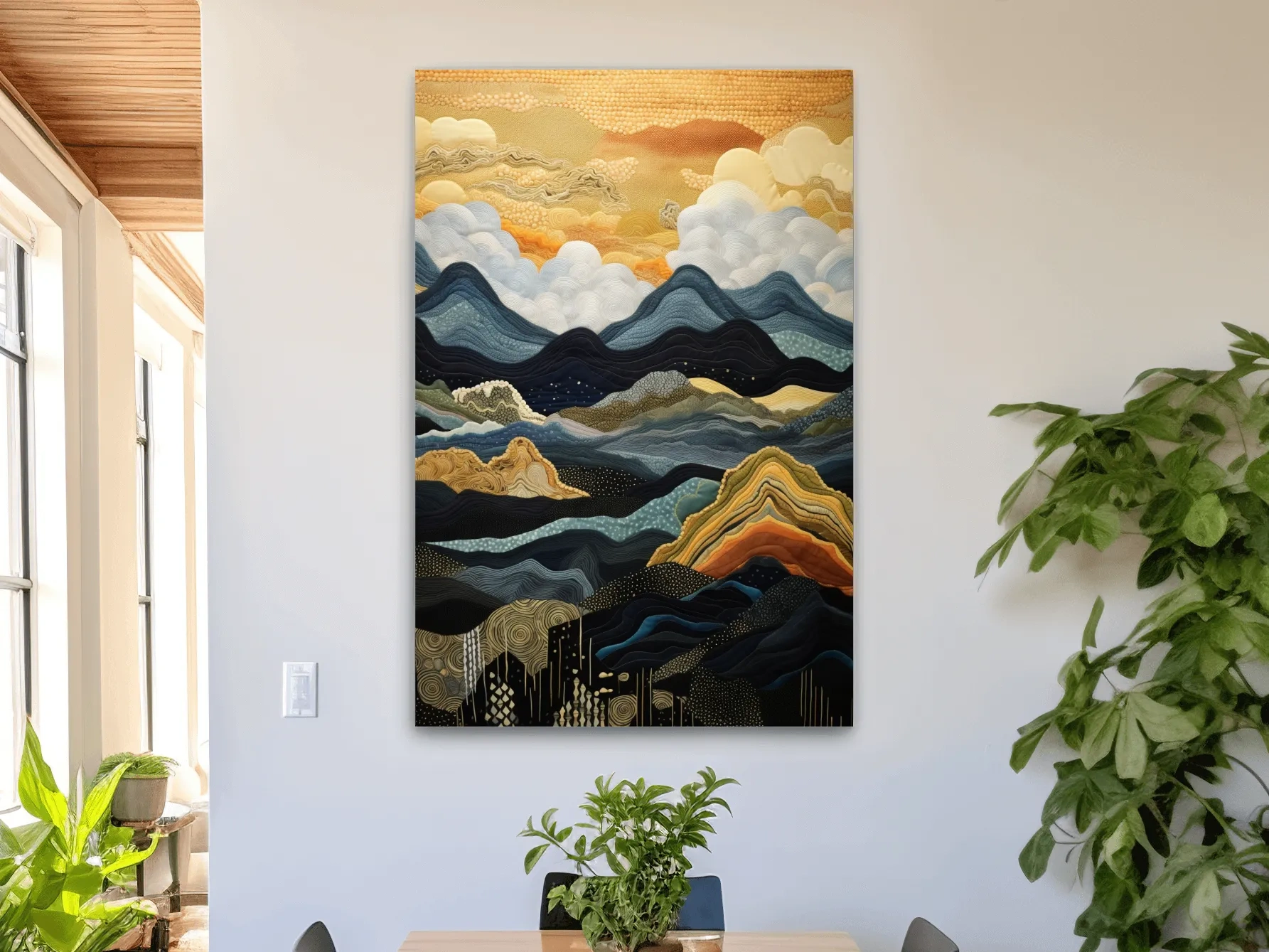 Elegant tapestry art, rolling mountain patterns