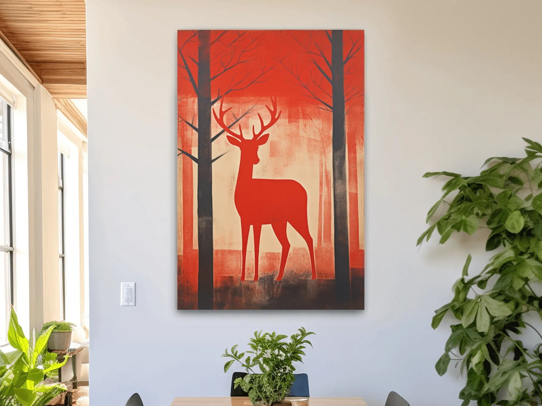 Rustic silhouette painting of a deer in the forest