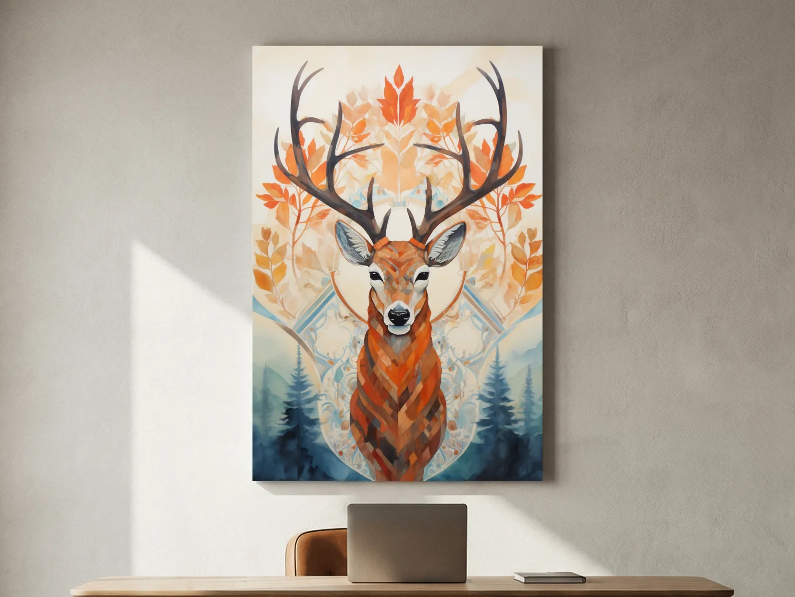 Symmetrical ornate pattern painting of a deer head