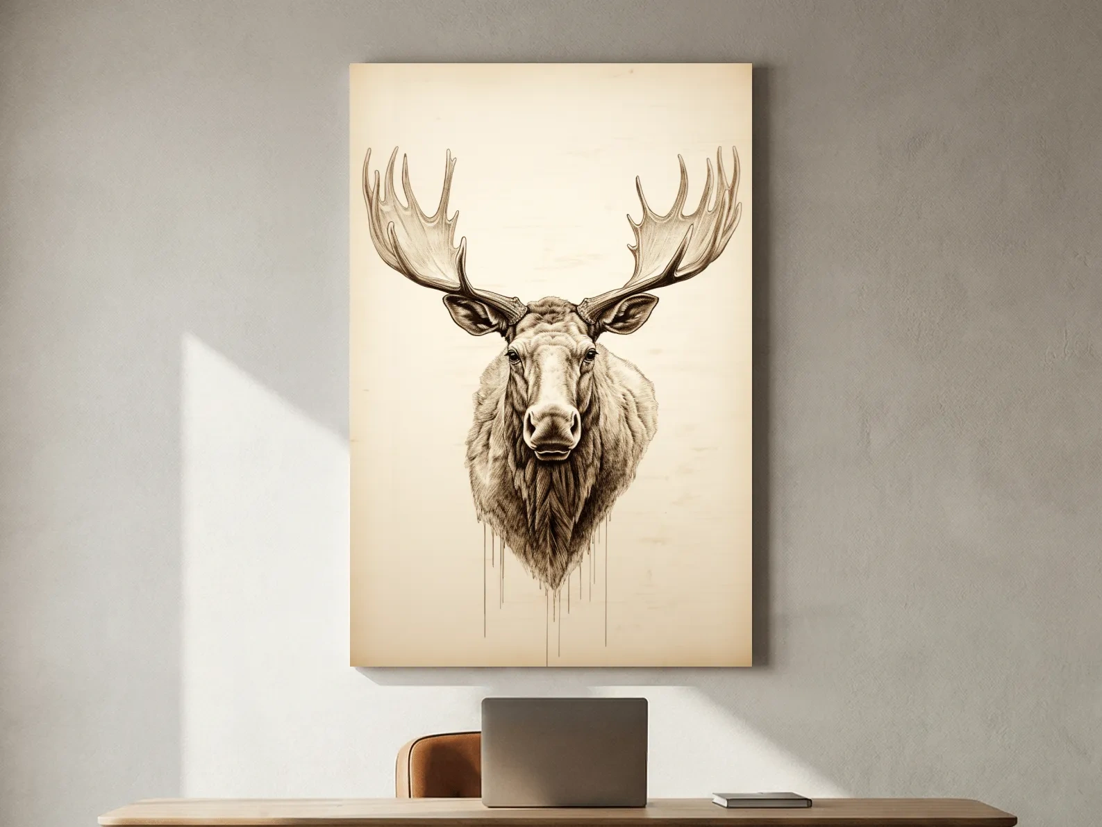 Rustic Moose Head Sketch Illustration - Vintage Sepia Wildlife Wall Art