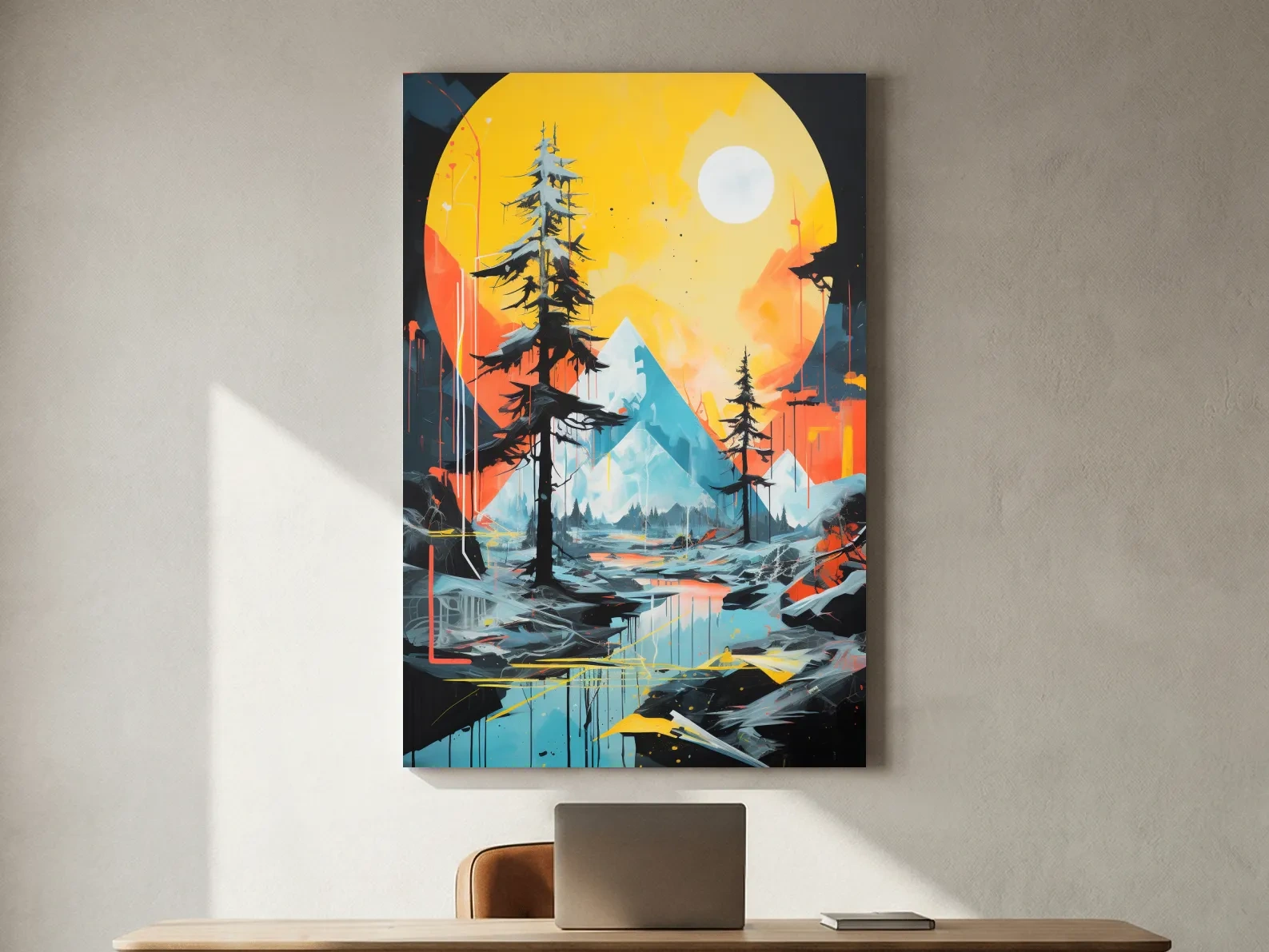 Vibrant Abstract Mountain Lake Sunset Painting - Modern Geometric Pine Forest Wall Art
