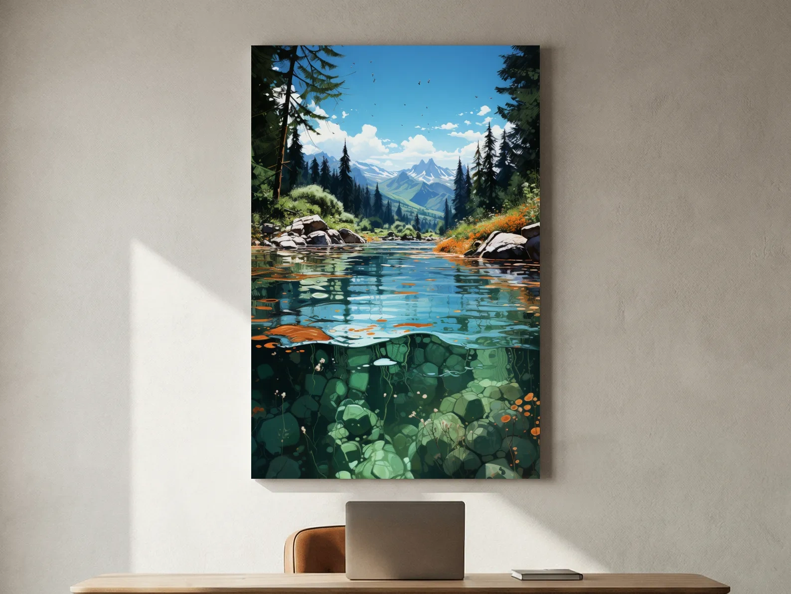 Crystal Clear Alpine River Landscape Illustration - Vibrant Mountain Forest Artwork