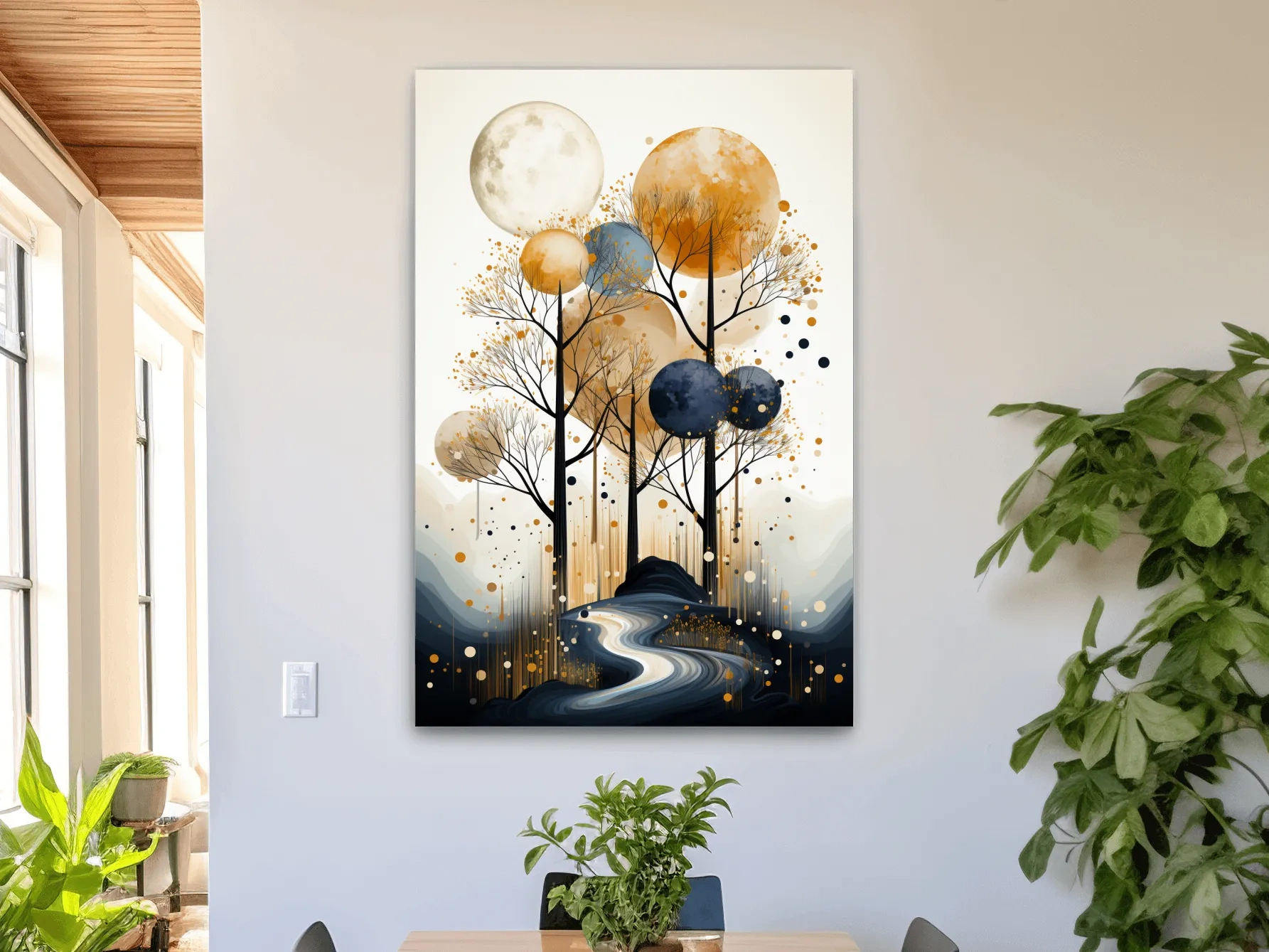 Surreal Golden Moonlit Forest River - Chic Boho Landscape Wall Art