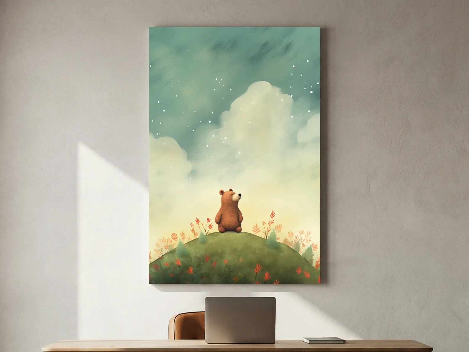 Whimsical Bear Cub Under Starry Sky - Nursery Watercolor Illustration Wall Art