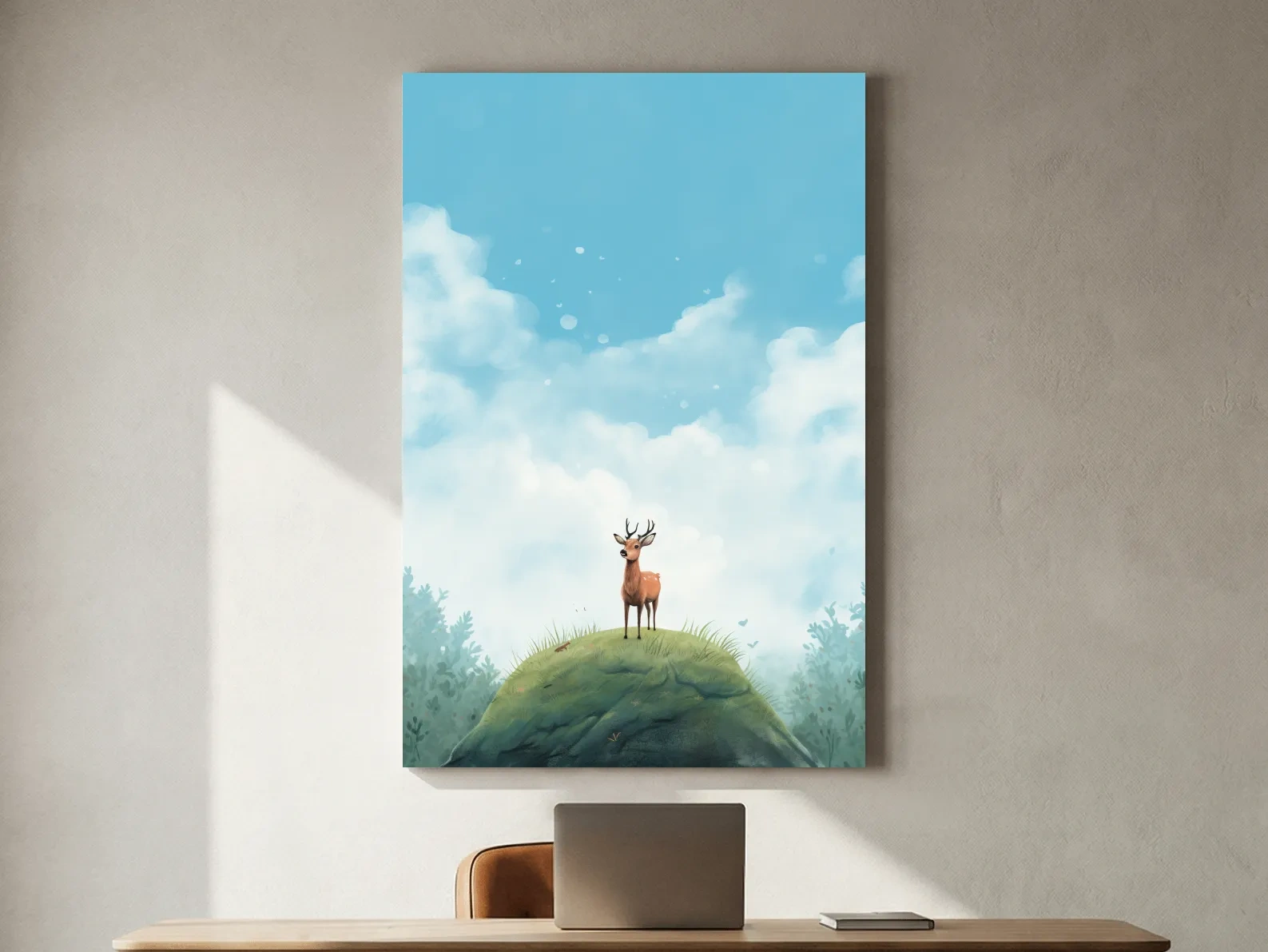 Whimsical Watercolor Deer on Grassy Hill - Serene Woodland Nursery Wall Art