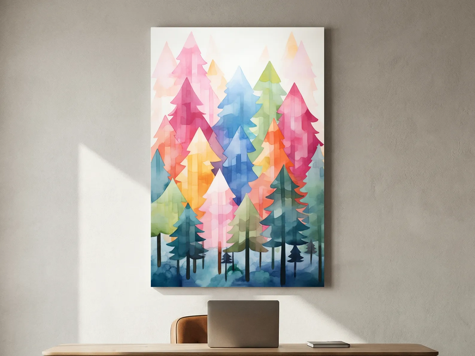 Colorful Watercolor Pine Forest Illustration - Whimsical Scandinavian Boho Wall Art