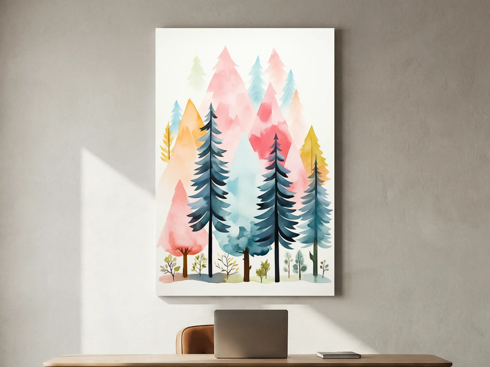Pastel Watercolor Pine Forest - Colorful Scandinavian Nature Wall Art