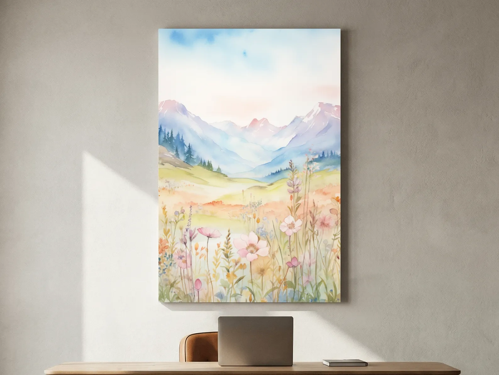 Pastel Watercolor Wildflower Meadow Mountains - Serene Floral Alpine Wall Art