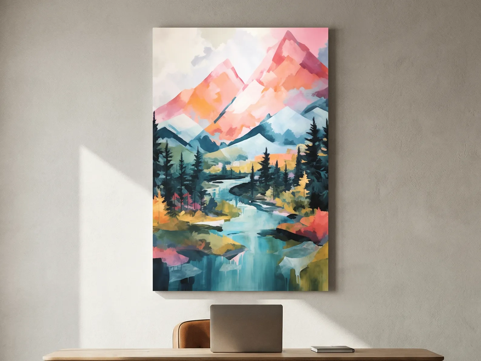 Vibrant Mountain River Landscape Painting - Colorful Alpine Forest Wall Art