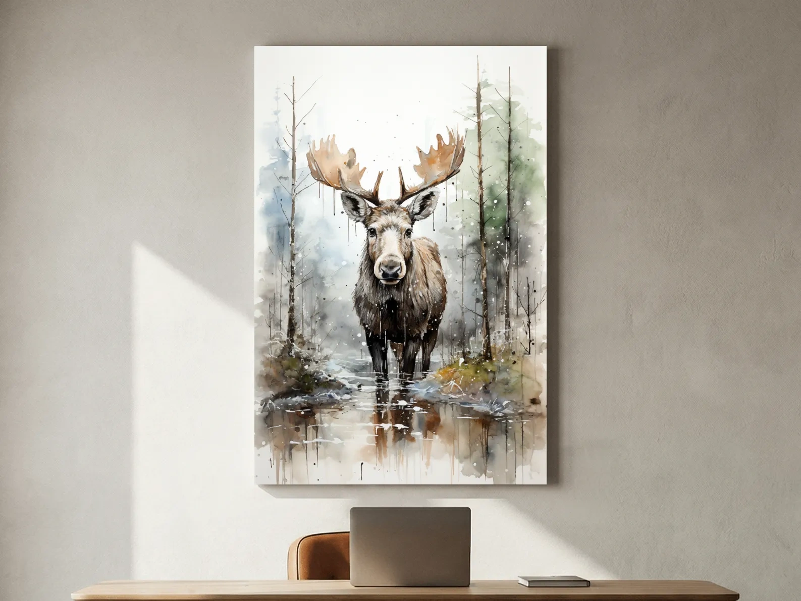 Watercolor Moose In Misty Forest - Rustic Woodland Wildlife Painting Wall Art