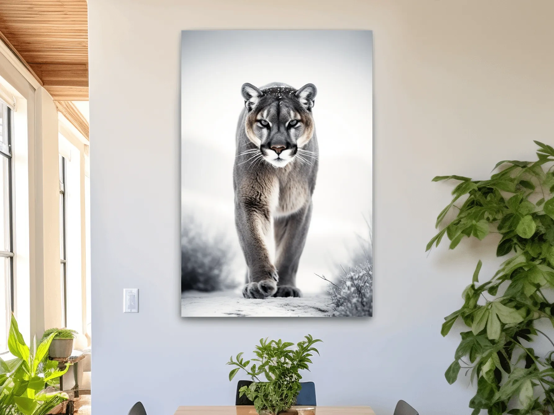 Snowy Cougar Close Up Wildlife Portrait - Winter Nature Wall Art