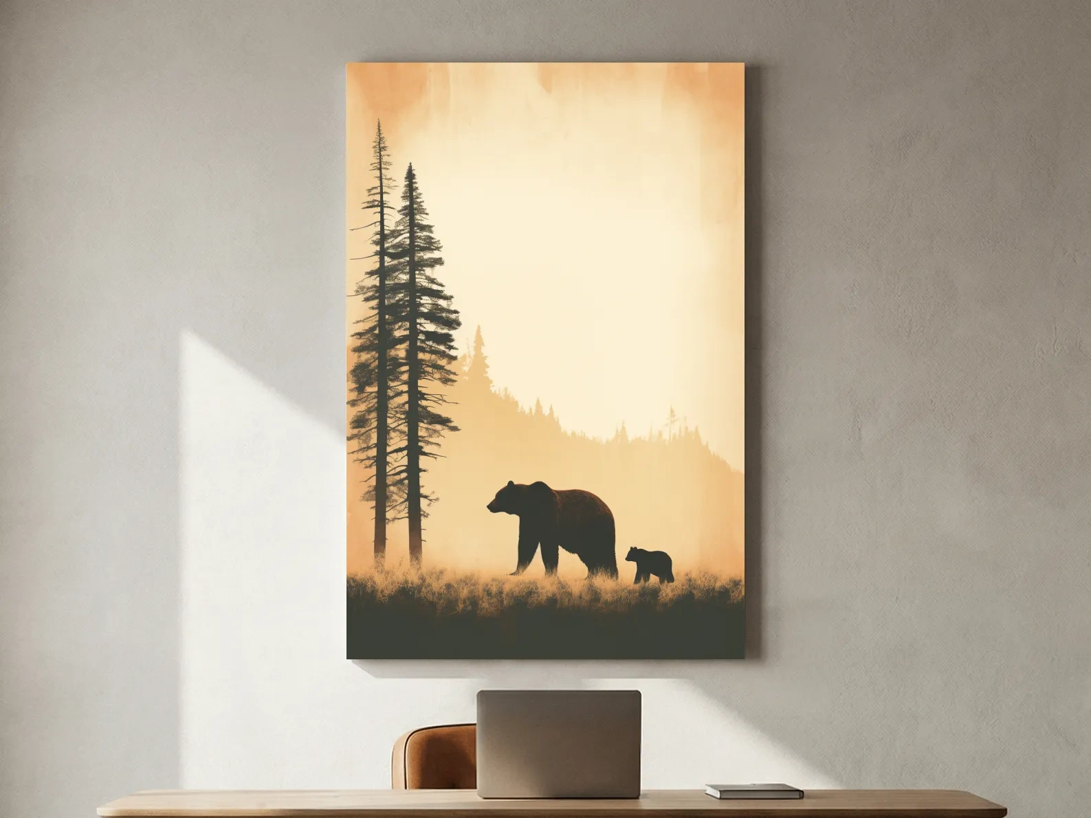 Grizzly Bear And Cub Silhouettes - Misty Forest Minimalist Wall Art