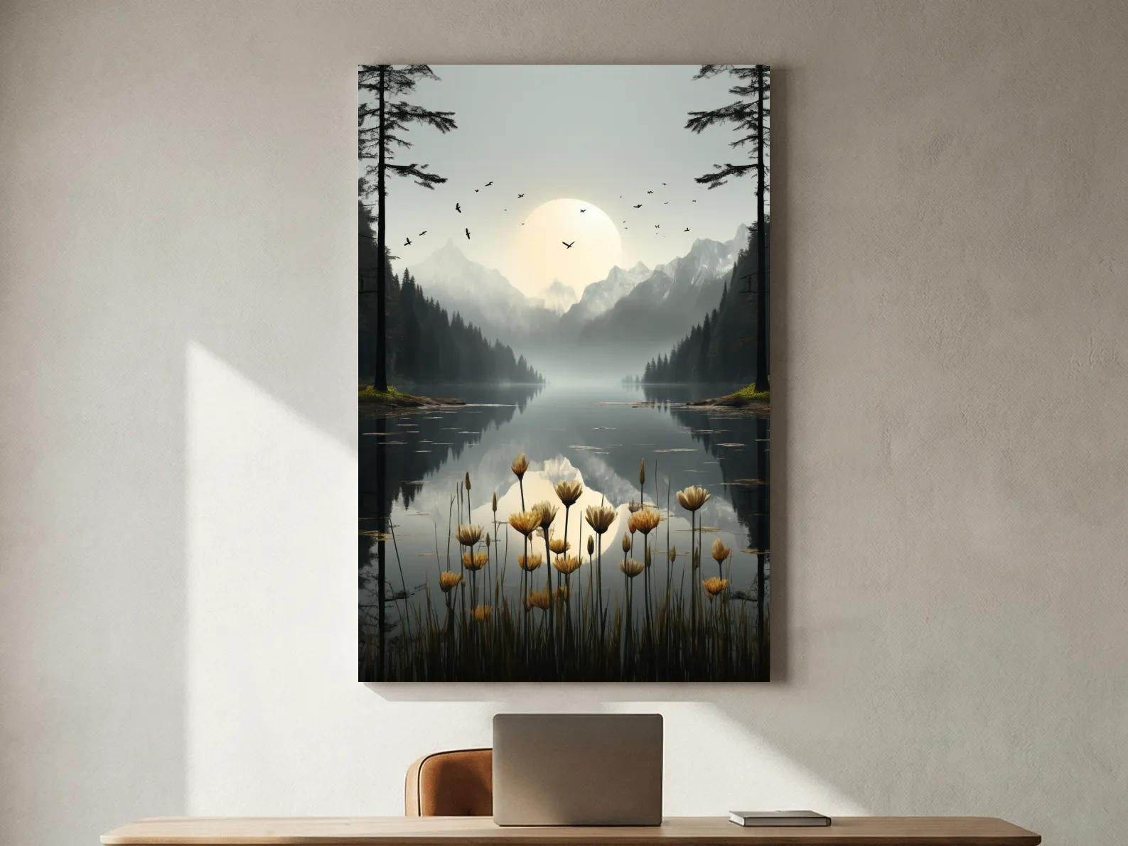 Misty Alpine Lake Sunrise With Wildflowers - Serene Mountain Landscape Wall Art
