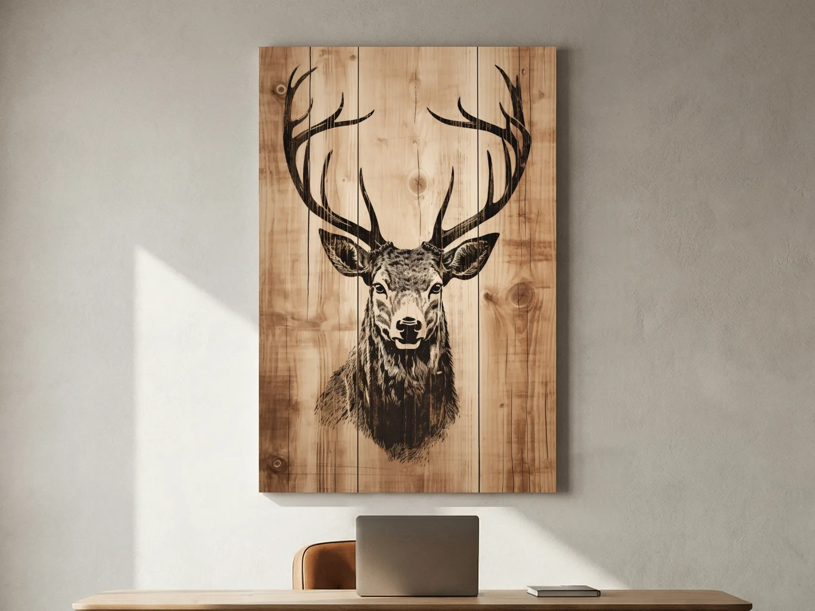 Rustic Deer Head Woodburn Style Portrait - Lodge Cabin Wildlife Wall Art