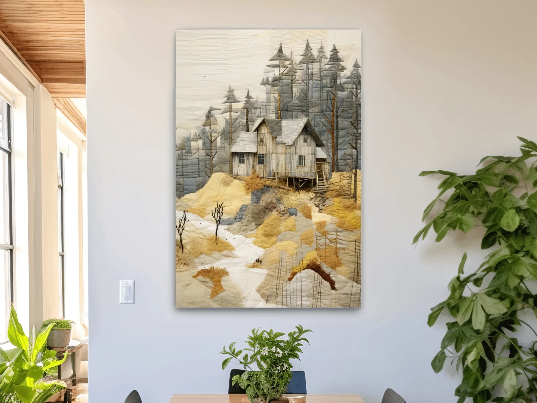 Rustic Woodland Cabin Landscape Quilt Art - Patchwork Style Mixed Media Wall Art