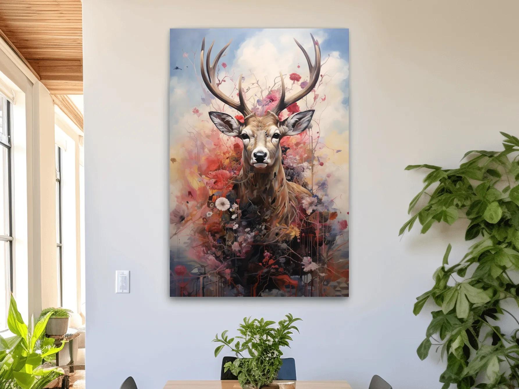 Painting of a deer head wrapped in flowers