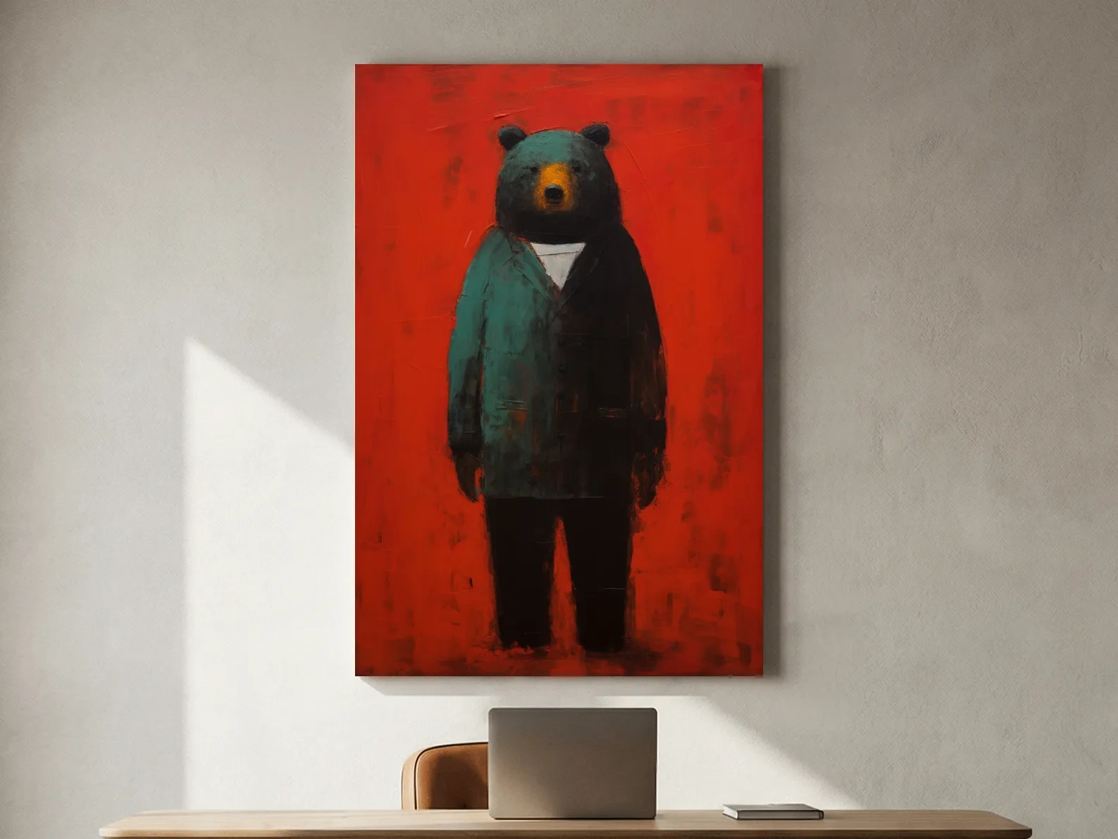 Moody Bear Wearing Suit Portrait Painting - Expressive Wildlife Wall Art