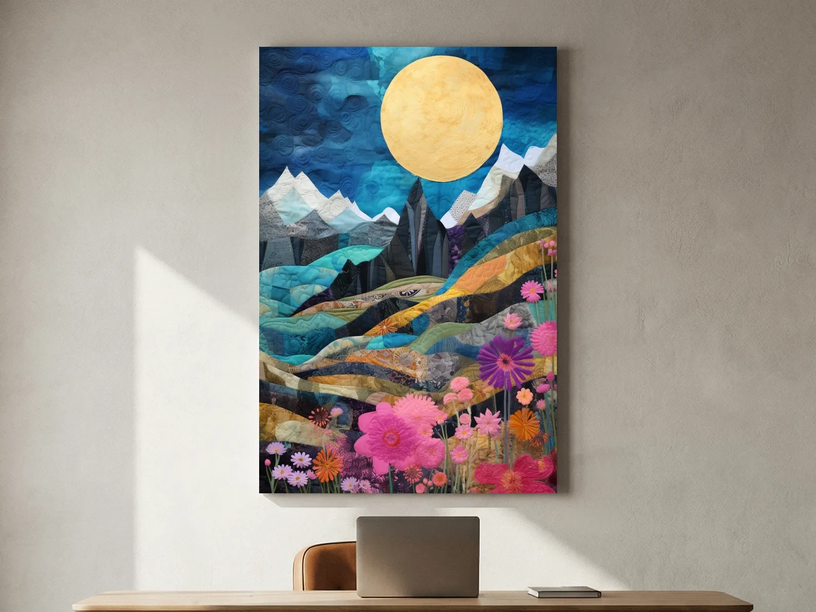 Quilted Wildflower Mountain Landscape - Colorful Patchwork Textile Style Wall Art