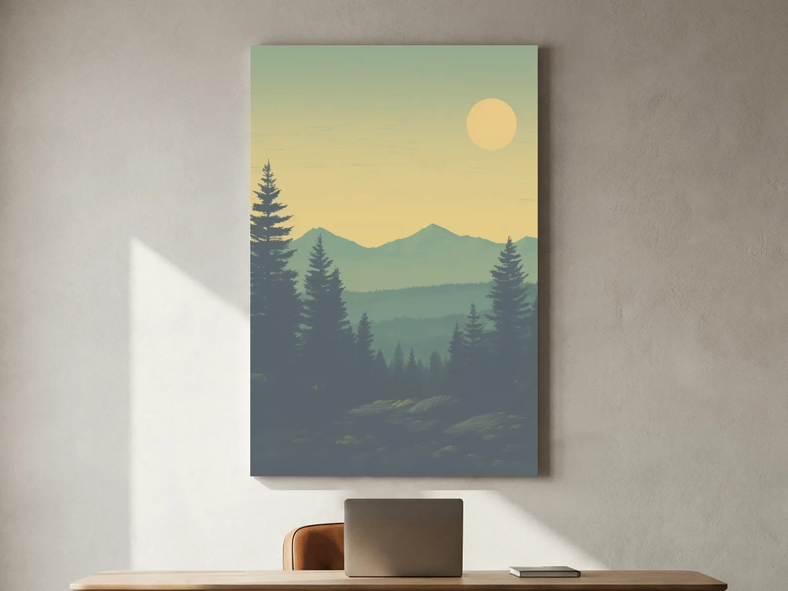 Minimalist Hazy Mountain Sunrise Landscape - Serene Alpine Forest Wall Art
