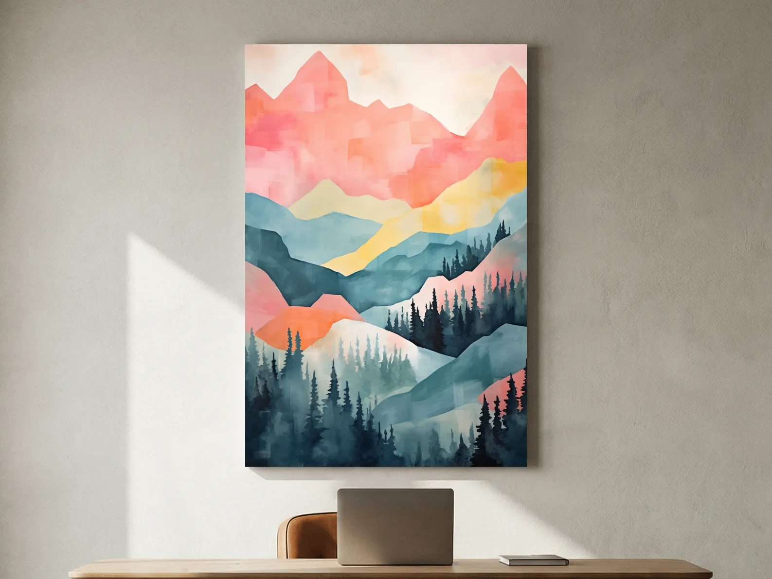 Abstract Watercolor Mountain Sunrise Landscape - Pastel Alpine Forest Wall Art