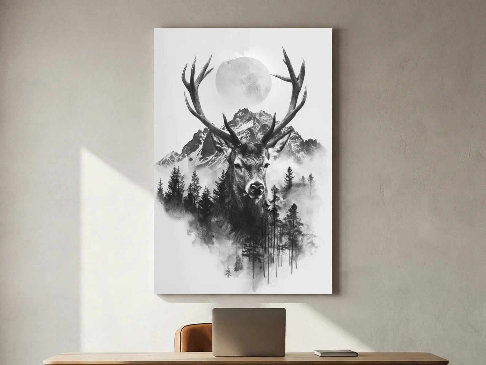 Monochrome Stag Glacier Moon Drawing - Double Exposure Wildlife Wall Art