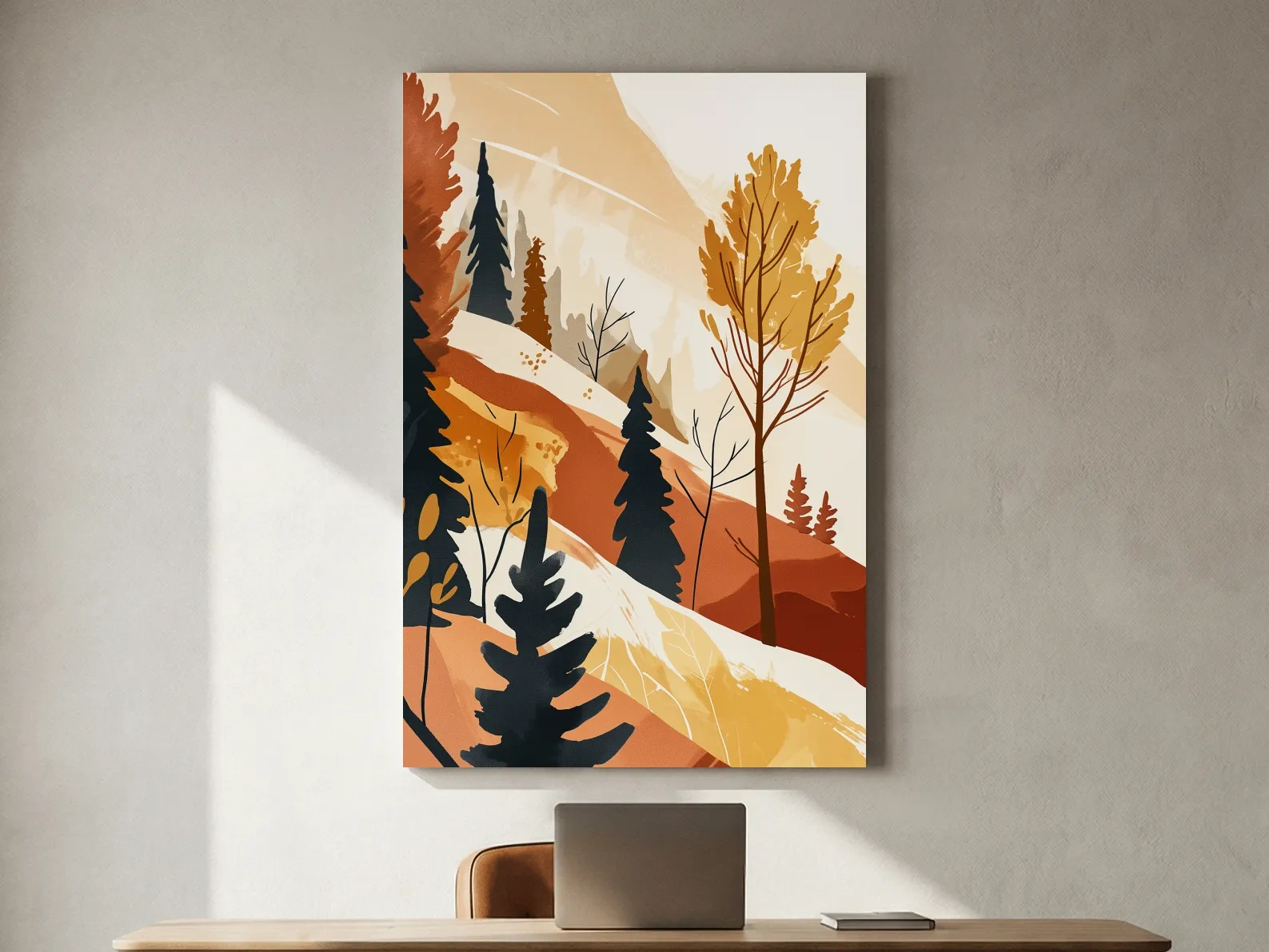 Minimalist Autumn Mountain Forest Landscape - Warm Scandinavian Wall Art