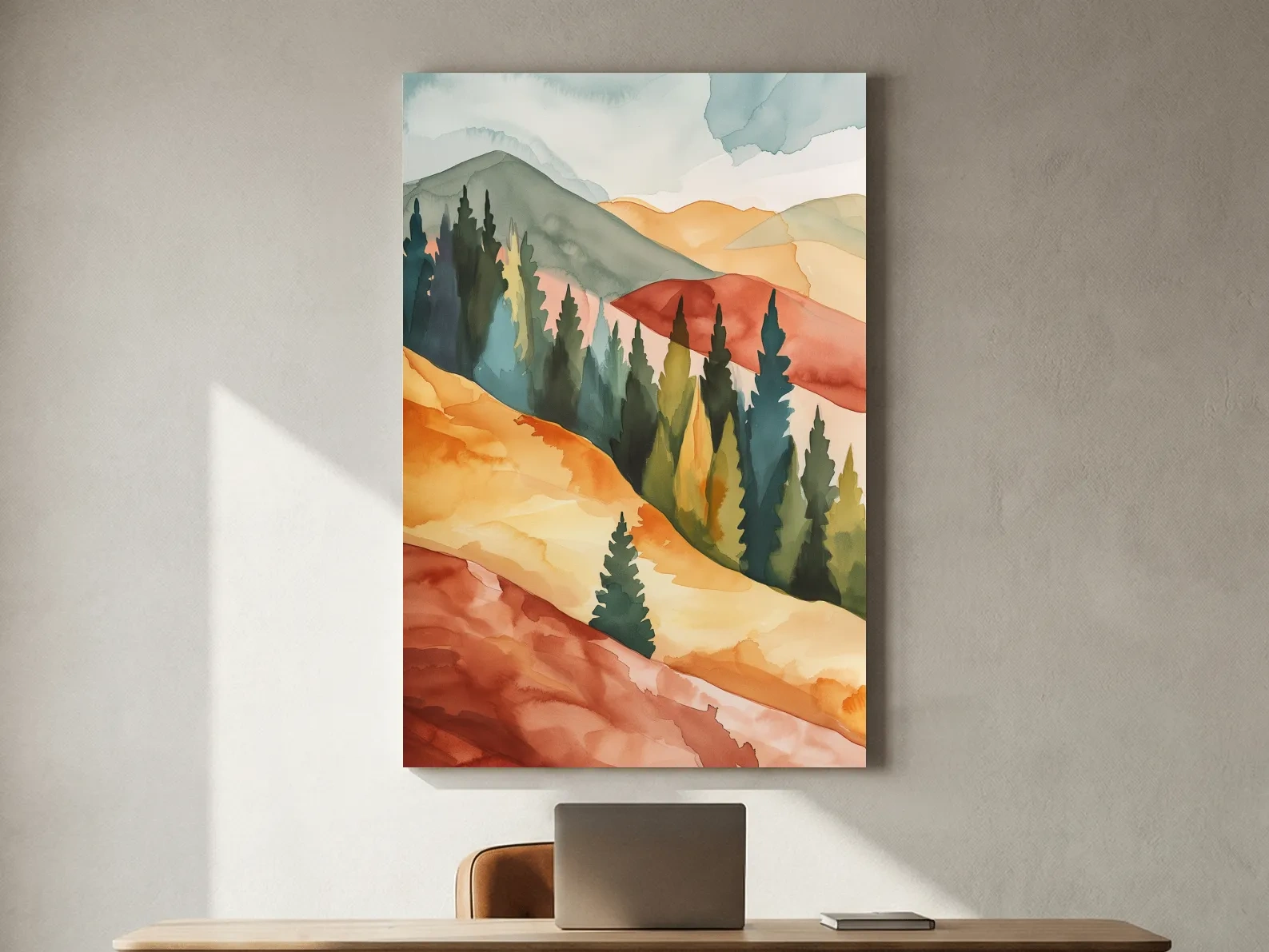 Rustic Autumn Watercolor Mountains & Pine Forest - Serene Abstract Landscape Wall Art