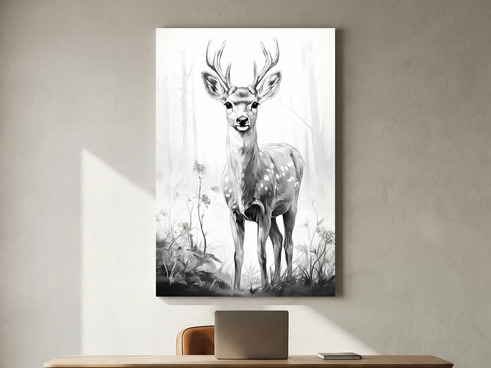 Minimalist Black And White Deer Sketch - Woodland Wildlife Wall Art