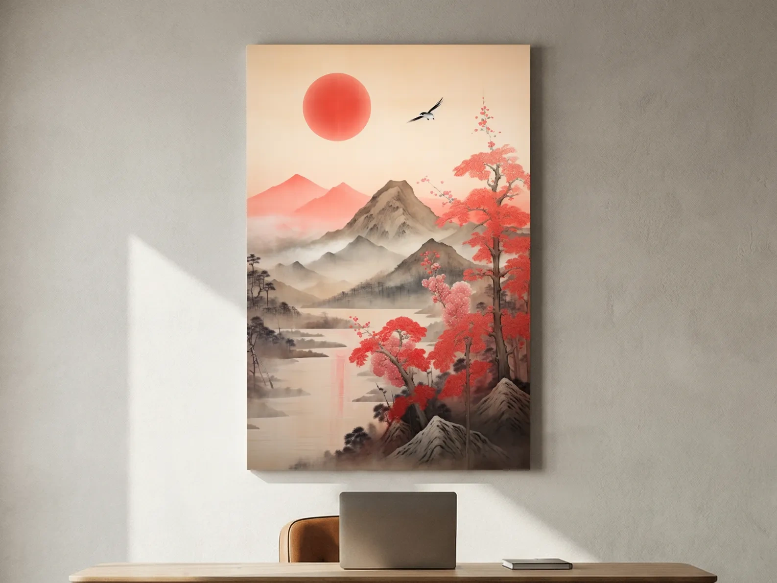 Japanese Ink Wash Mountain Sunrise - Sakura Cherry Blossom Wall Art