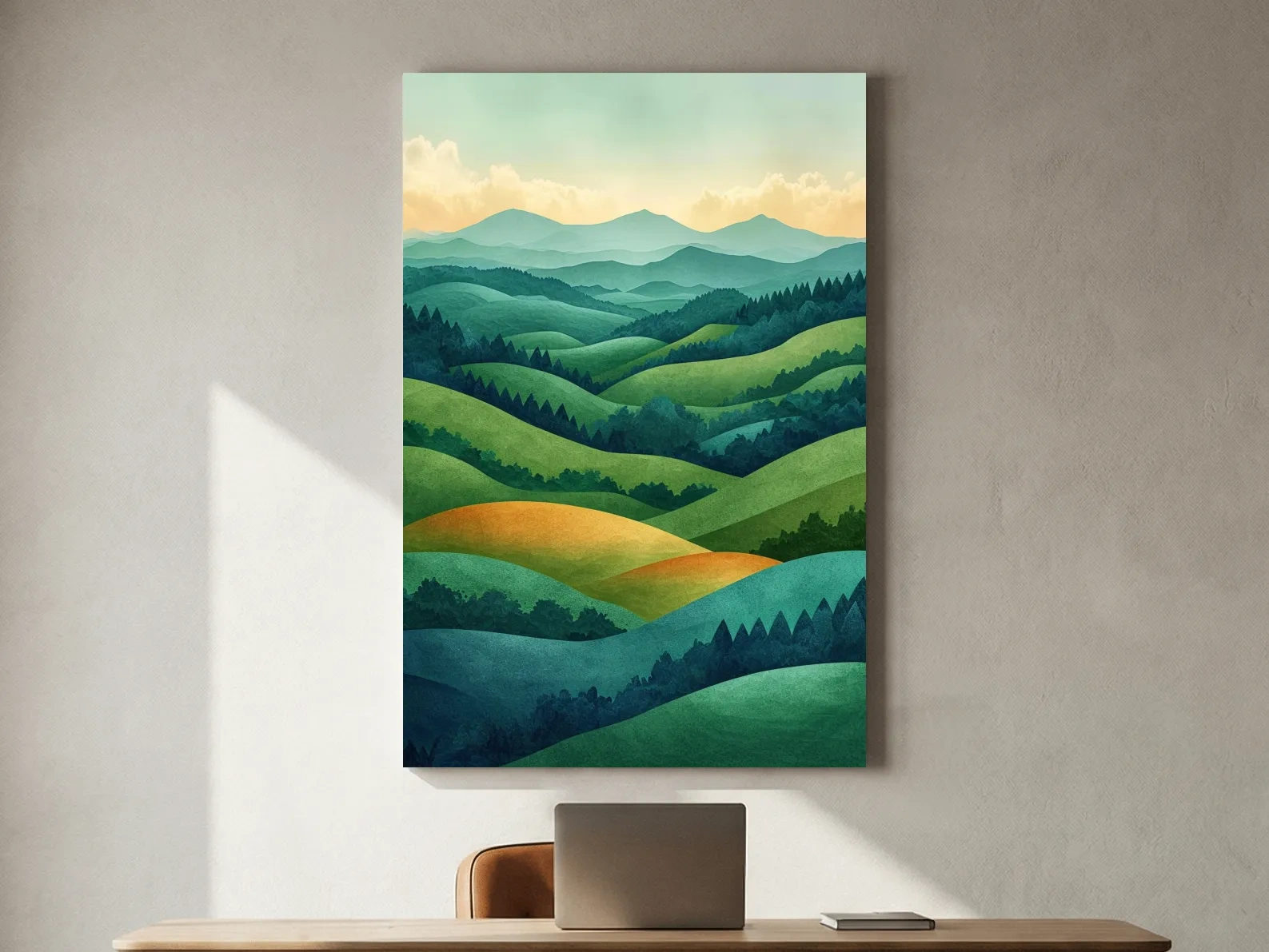 Layered Emerald Rolling Hills Landscape - Serene Scandinavian Nature Wall Art