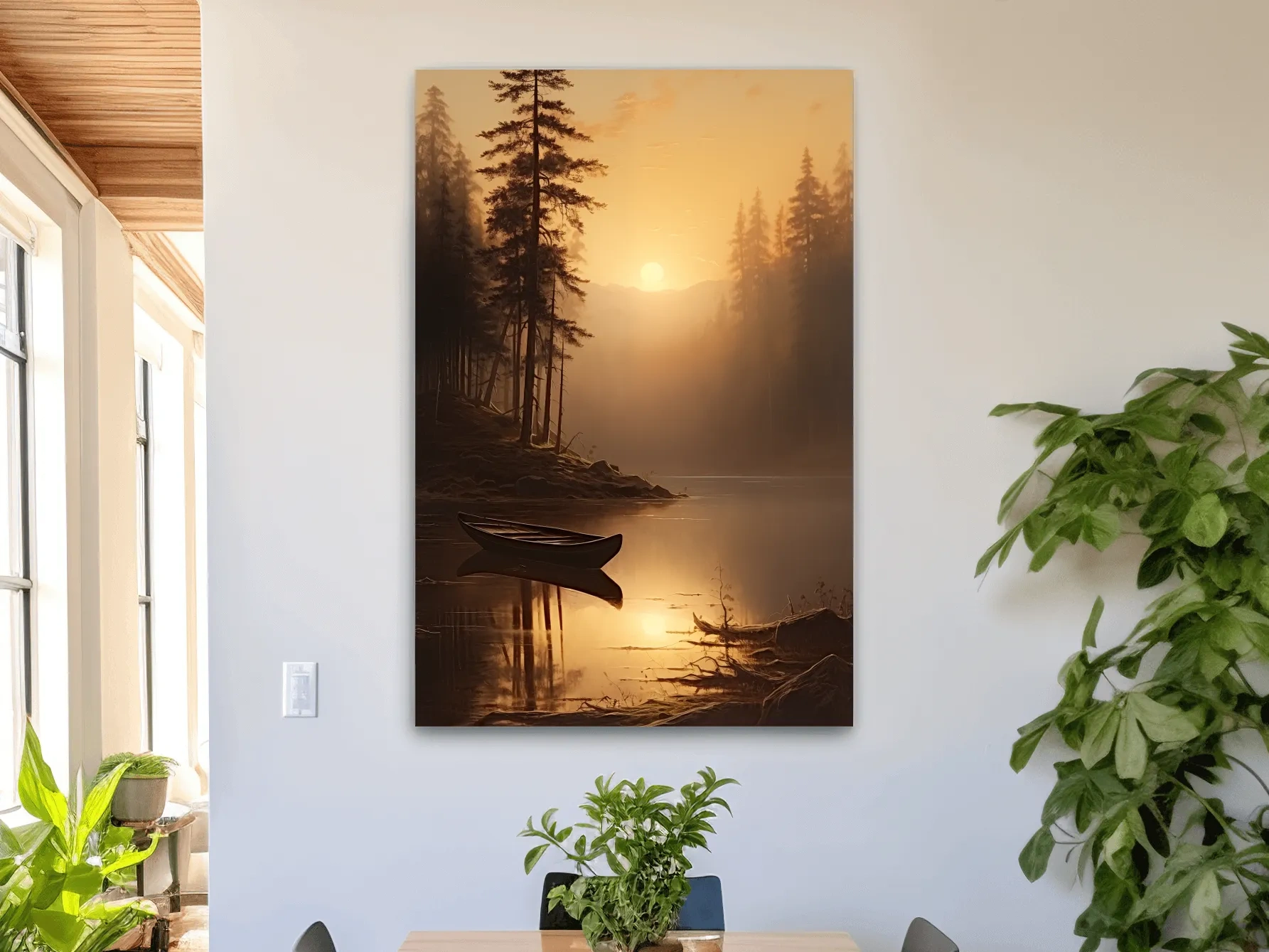 Misty Golden Lake Sunrise With Canoe - Serene Pine Forest Mountain Landscape Wall Art