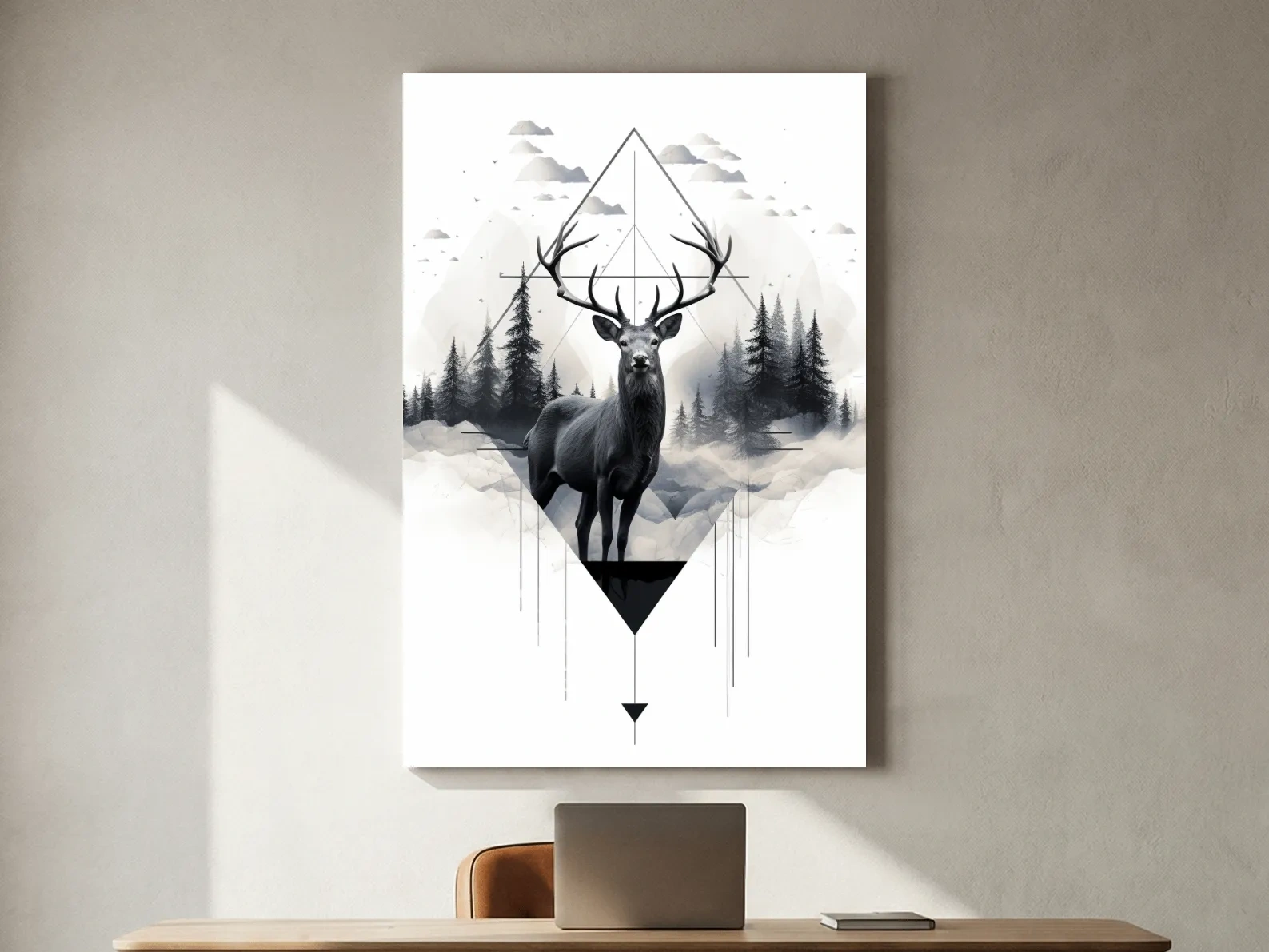 Geometric Monochrome Stag In Misty Pines - Tattoo Inspired Wildlife Wall Art