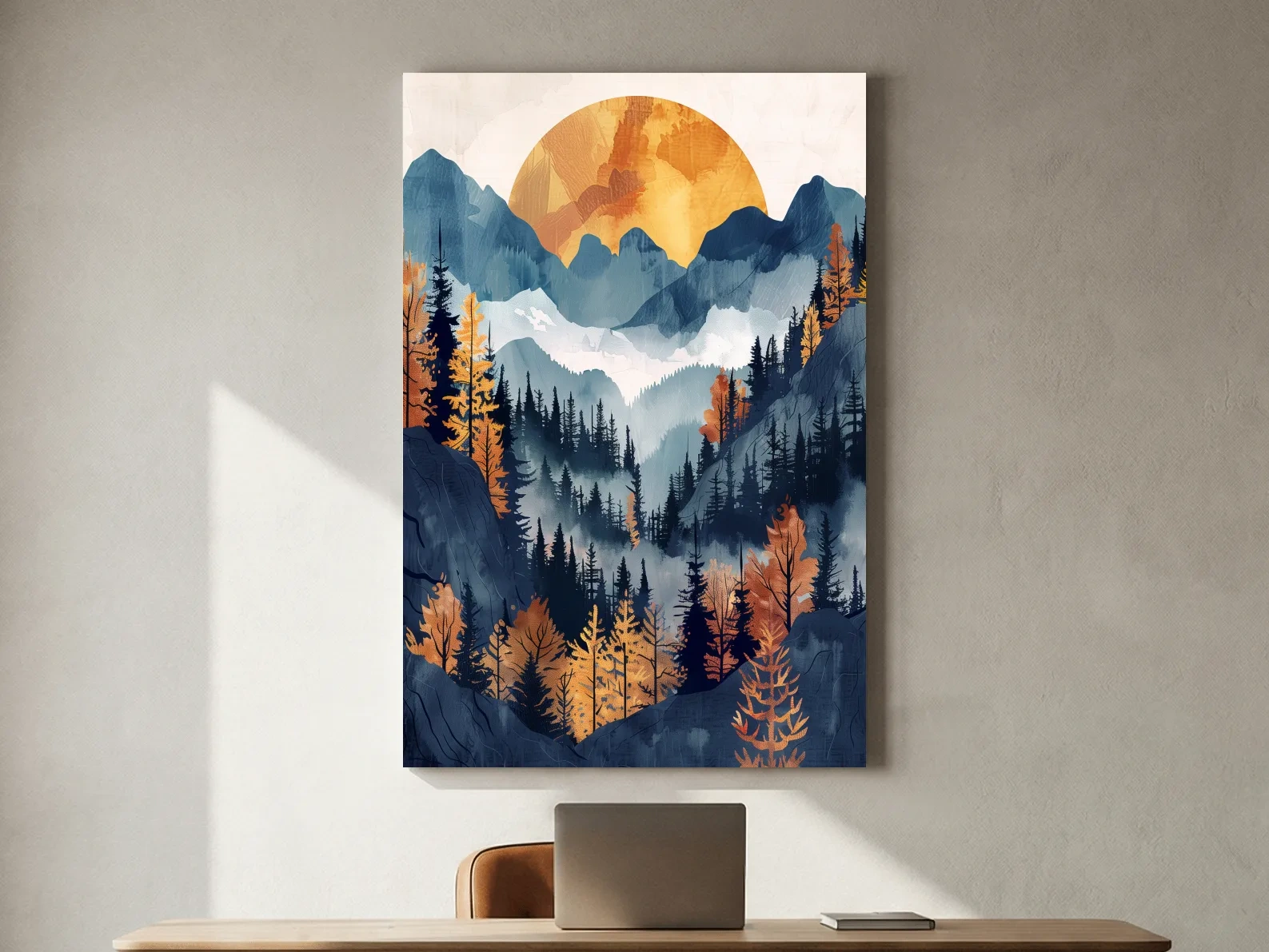 Foggy Autumn Alpine Forest Sunset - Modern Watercolor Mountain Wall Art