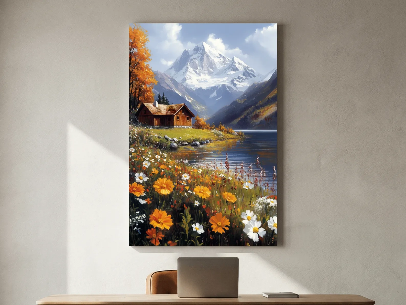 Autumn Alpine Lake Cabin Impressionist Painting - Snowcapped Mountain Wildflower Wall Art
