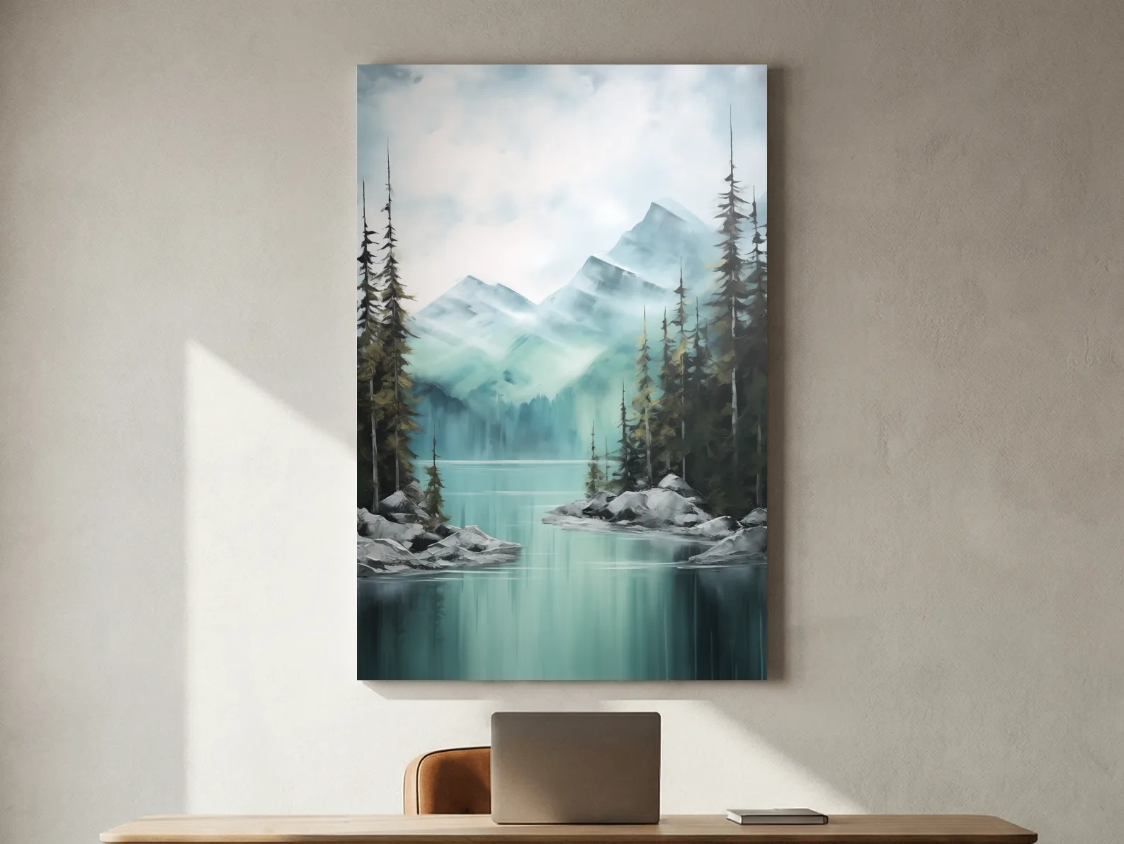 Misty Turquoise Mountain Lake Landscape - PNW Watercolor Forest Wall Art