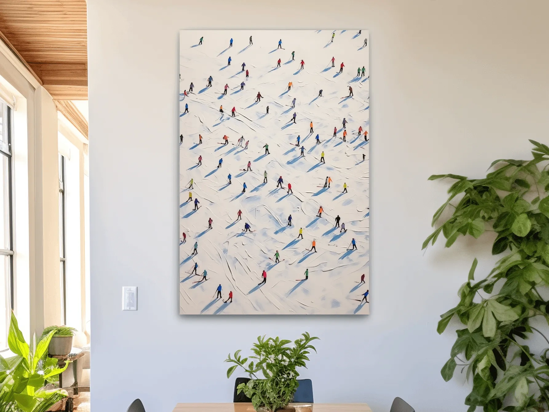 Lots of little skiers in a ski resort, textured painting effect