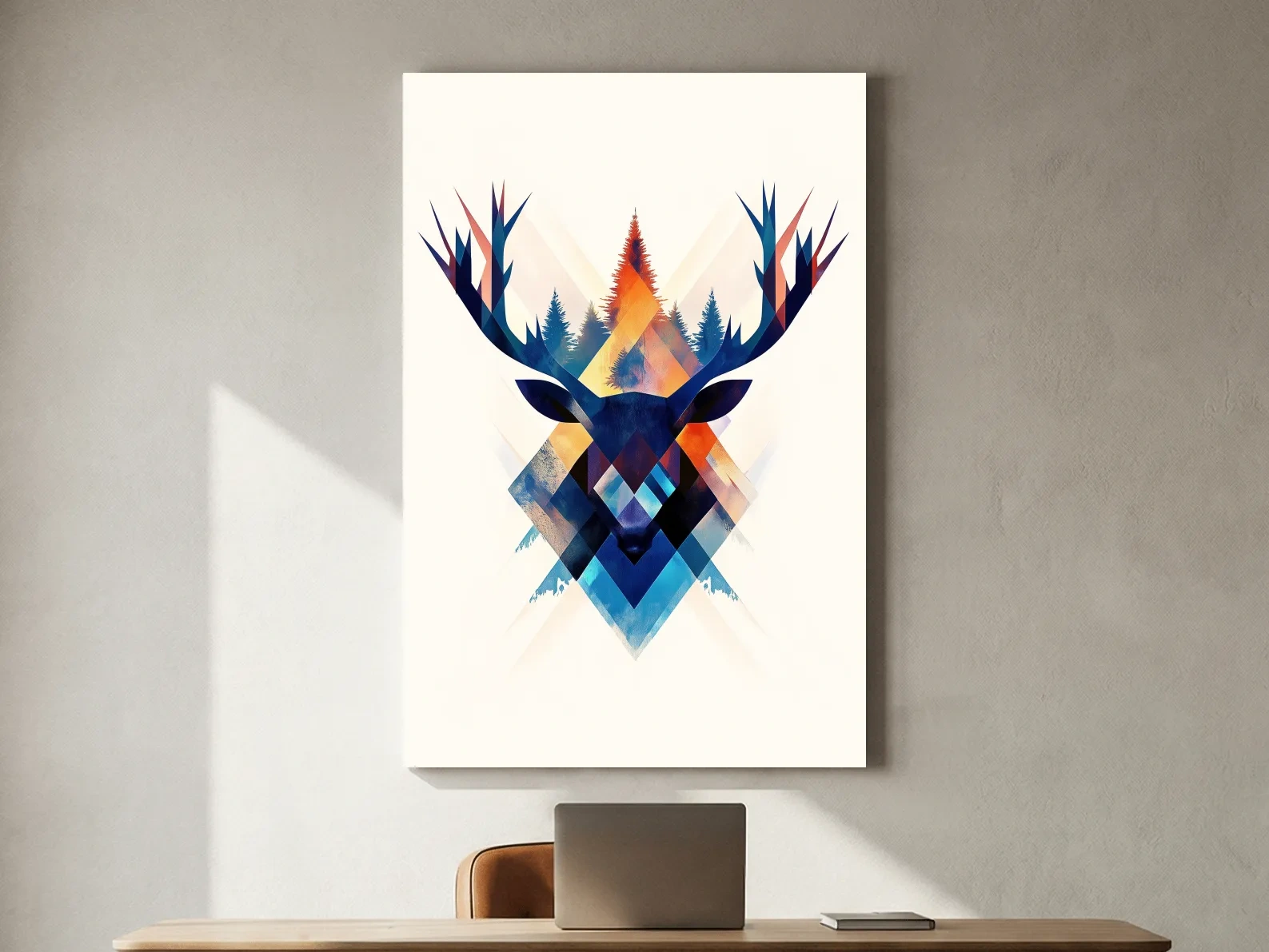 Geometric Watercolor Deer Head Silhouette - Modern Wildlife Forest Wall Art