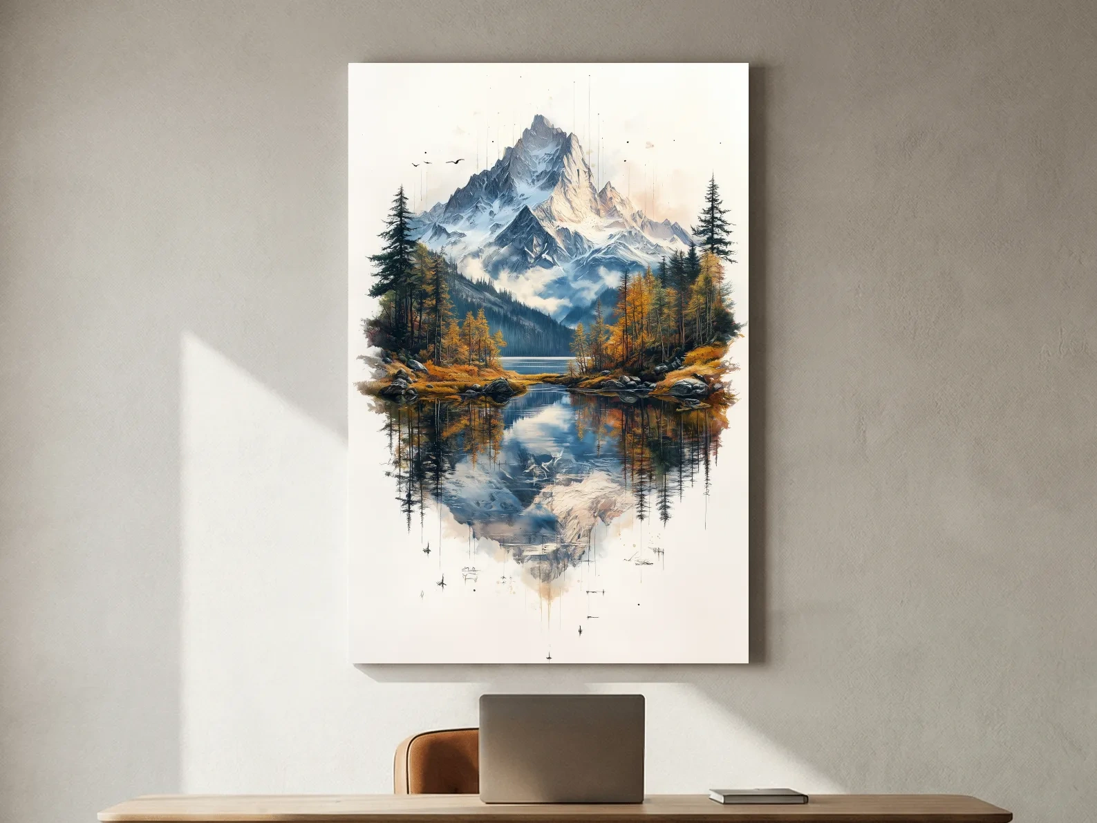Misty Alpine Mountain Lake Painting - Autumn Pine Forest Tattoo Style Wall Art