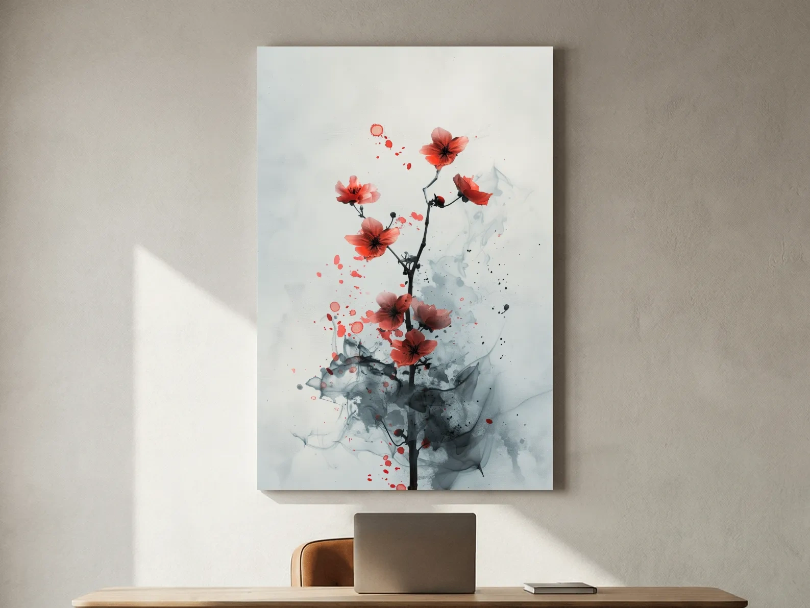 Red Cherry Blossom Ink Wash Painting - Minimalist Floral Wall Art