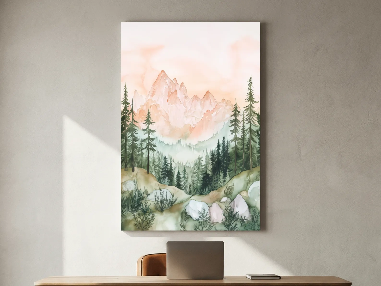 Pastel Watercolor Mountain Peaks & Pine Forest - Serene Alpine Landscape Artwork