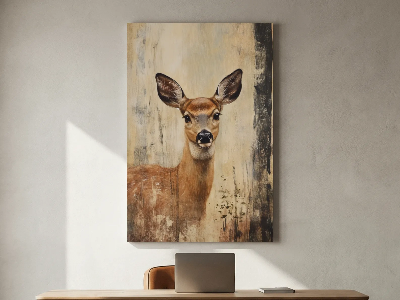 Rustic Whitetail Fawn Portrait Painting - Woodland Wildlife Wall Art