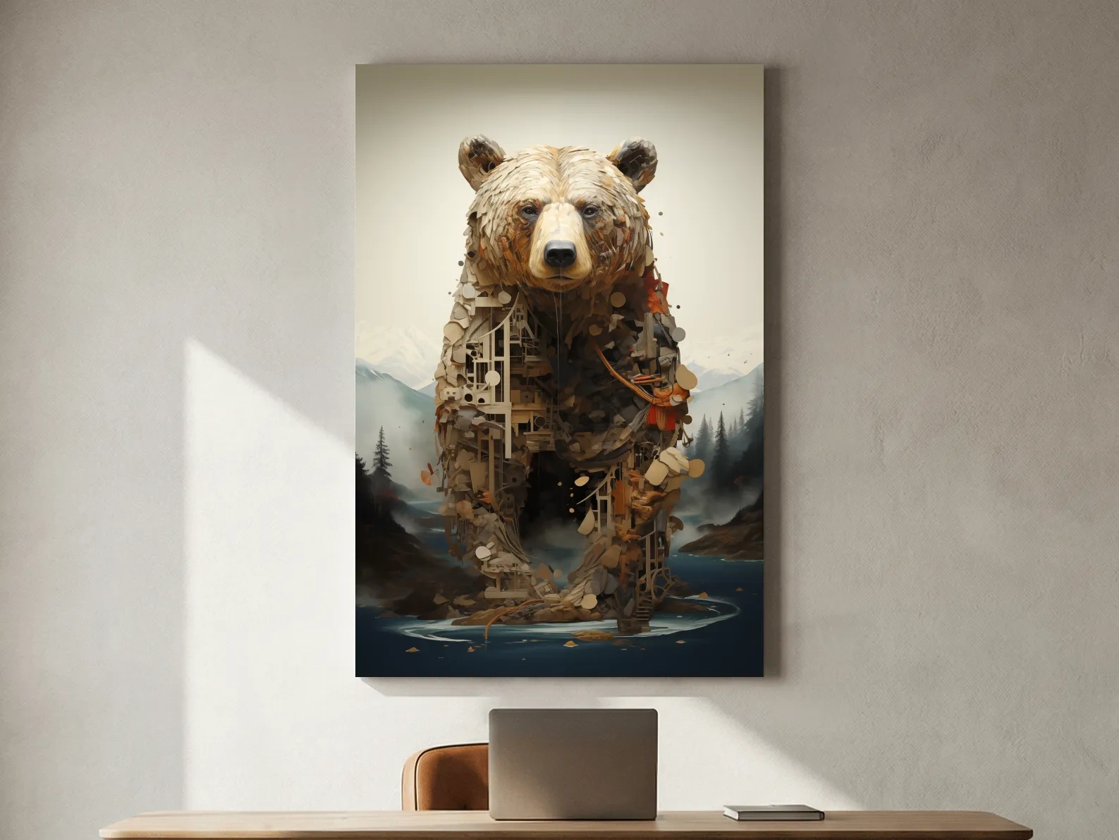 Surreal Grizzly Bear Collage Illustration - MC Escher Style Wildlife Wall Art