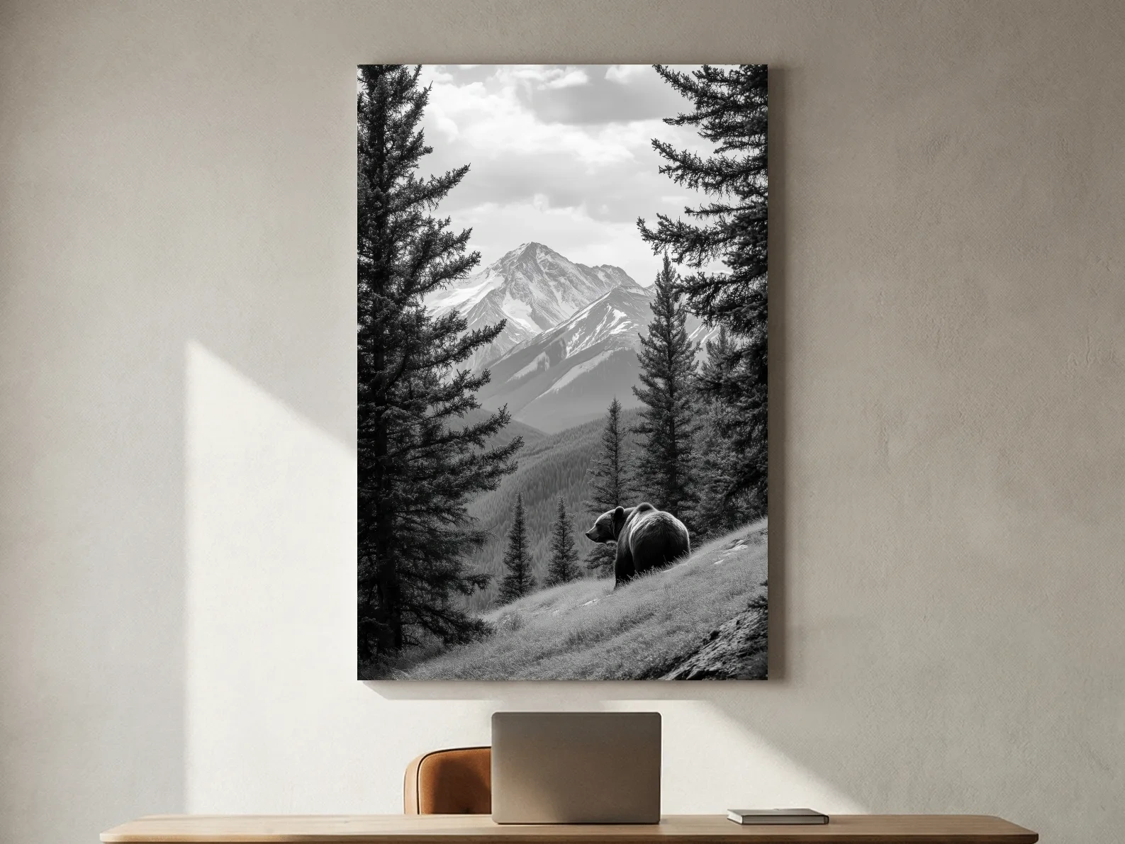 Black And White Grizzly Bear Alpine Meadow - Wilderness Nature Photography Wall Art